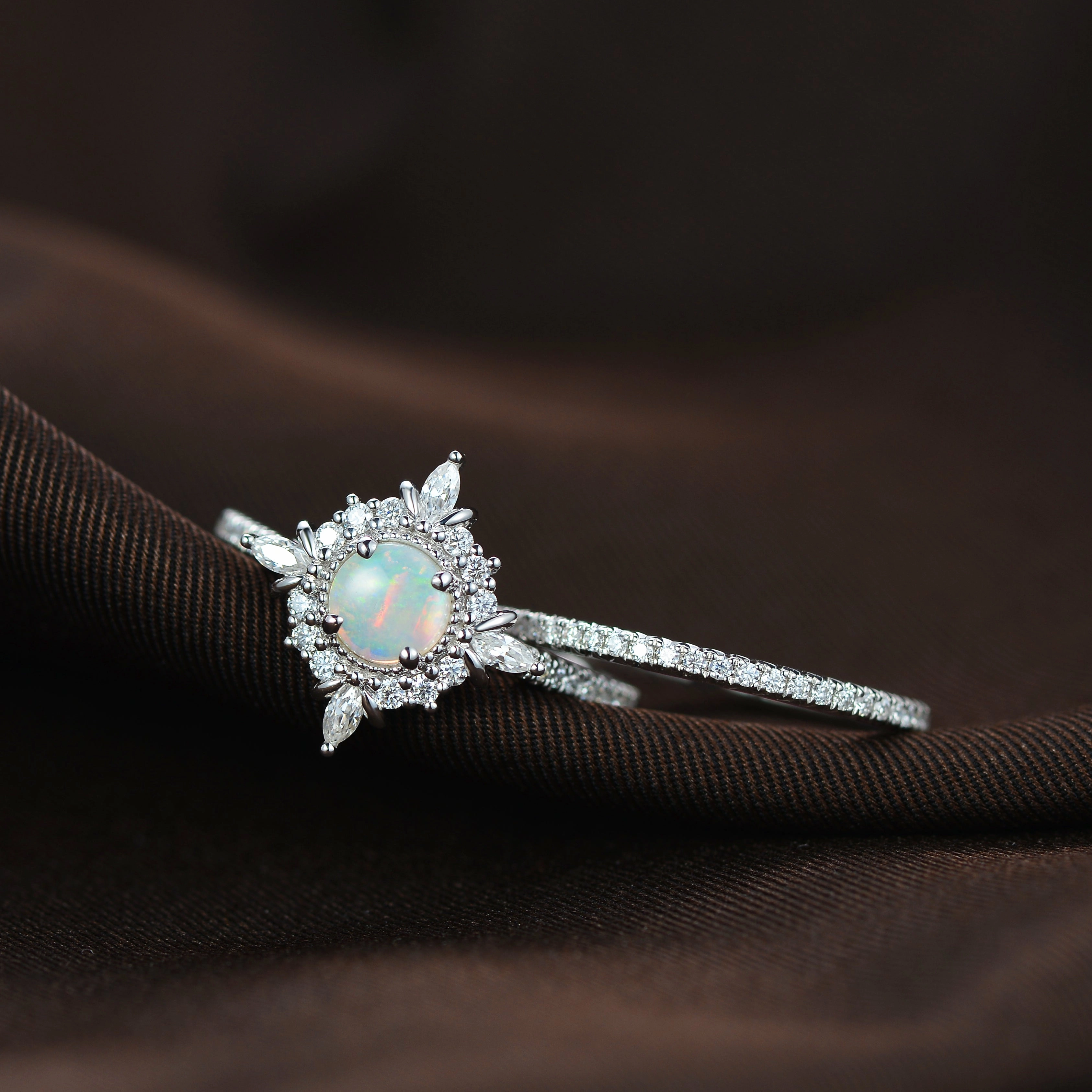 Round Cut Opal Floral Cluster Engagement Ring Set 2pcs Signature Look Minimalist Piece