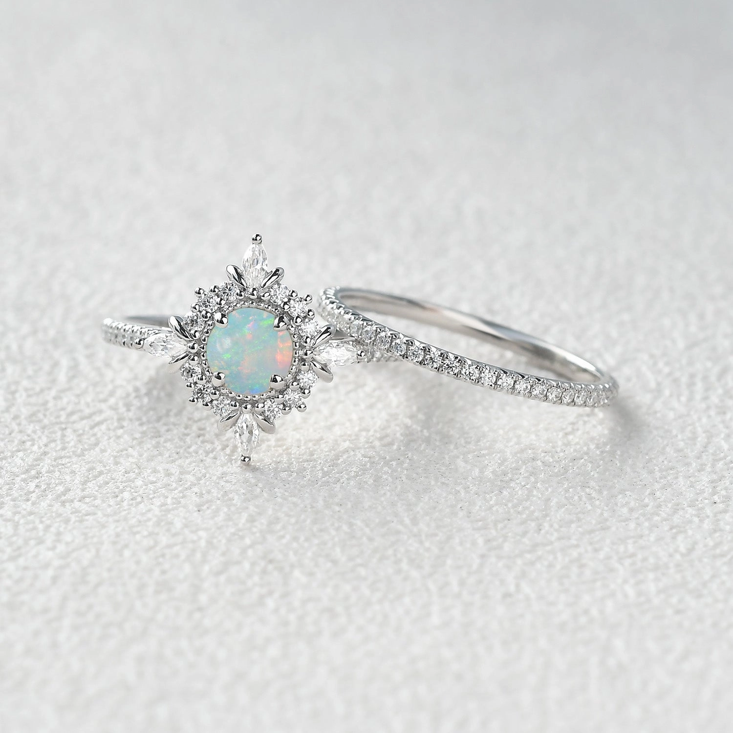 Impressive Accent Shimmer Mood Round Cut Opal Floral Cluster Engagement Ring Set 2pcs