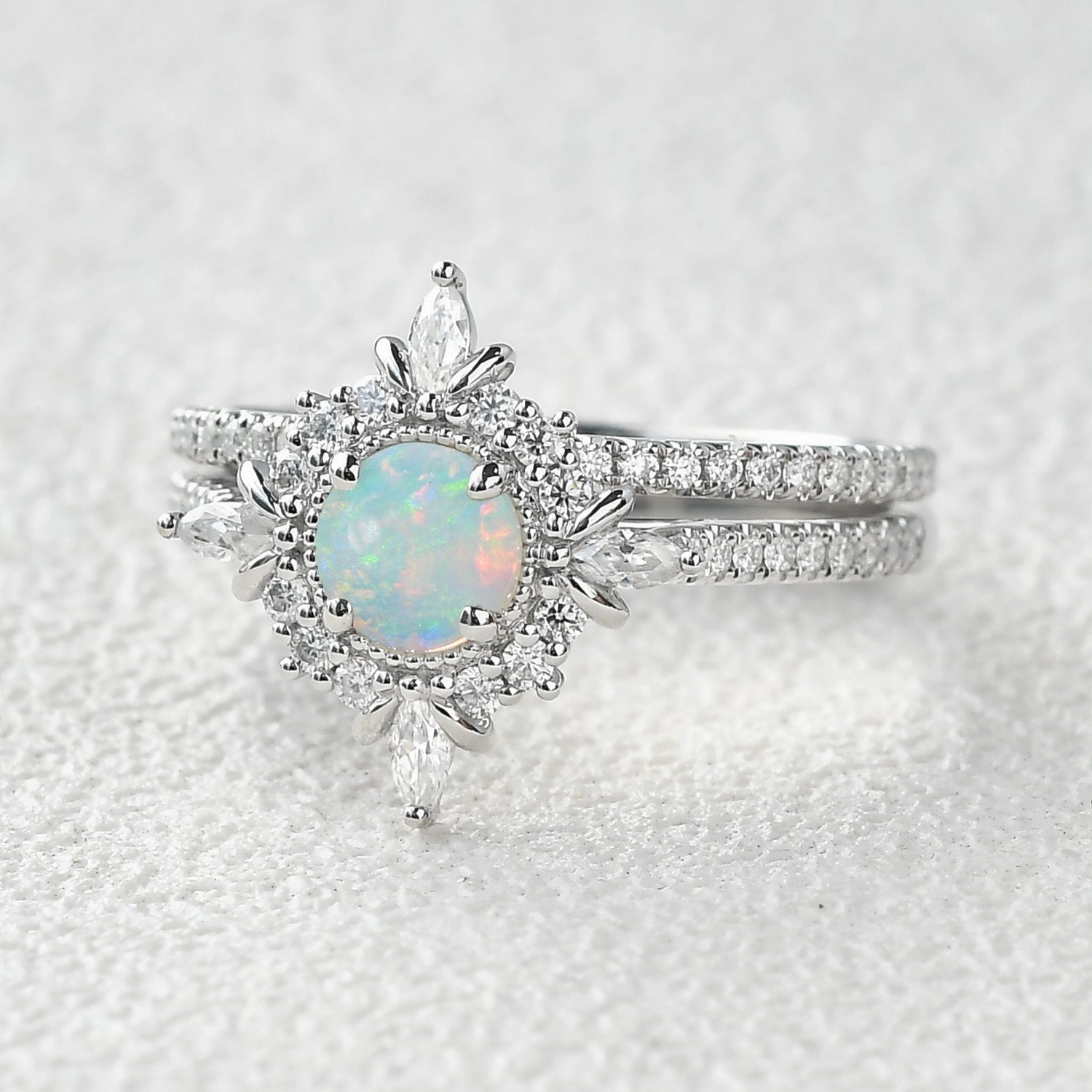 Round Cut Opal Floral Cluster Engagement Ring Set 2pcs Lustrous Craft Shining Design