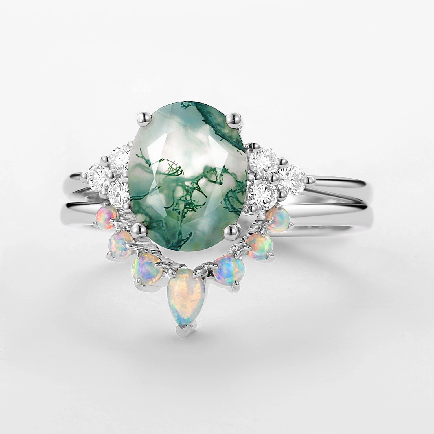3.5CT Oval Cut Moss Agate & Natural Opal Cluster Gold Ring Set 2pcs - Aurora Impeccable Detail Impeccable Accent