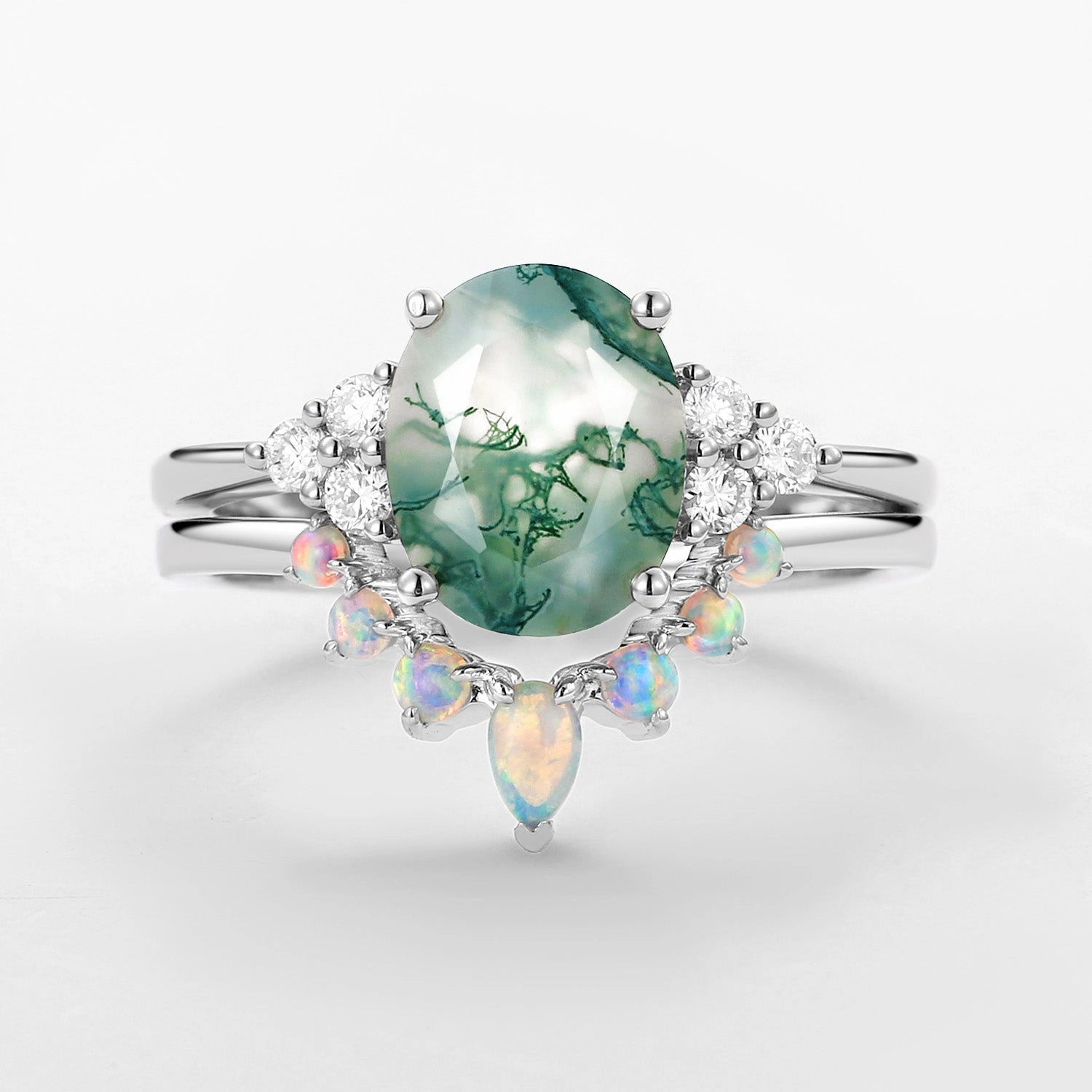 Modern Element 3.5CT Oval Cut Moss Agate & Natural Opal Cluster Gold Ring Set 2pcs - Aurora