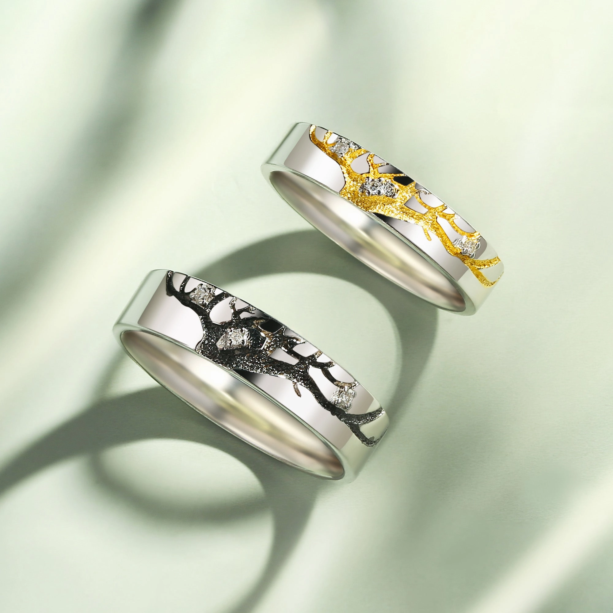 Symbiotic Tree Inspired Engraved Moissanite Couple Ring Set 2pcs - Spark Finest Highlight