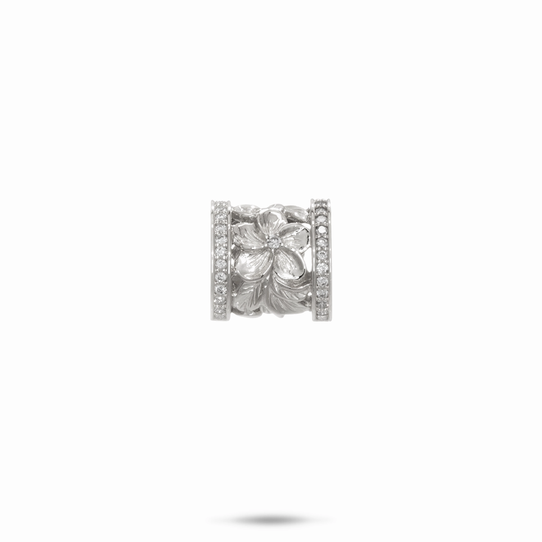 Hawaiian Heirloom Plumeria Barrel Pendant in White Gold with Diamonds - 12mm Styled Finish