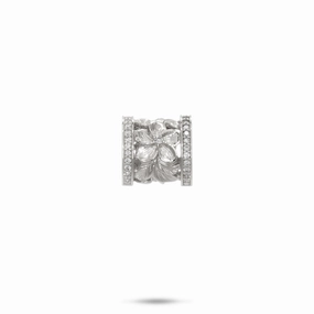 Hawaiian Heirloom Plumeria Barrel Pendant in White Gold with Diamonds - 12mm Styled Finish