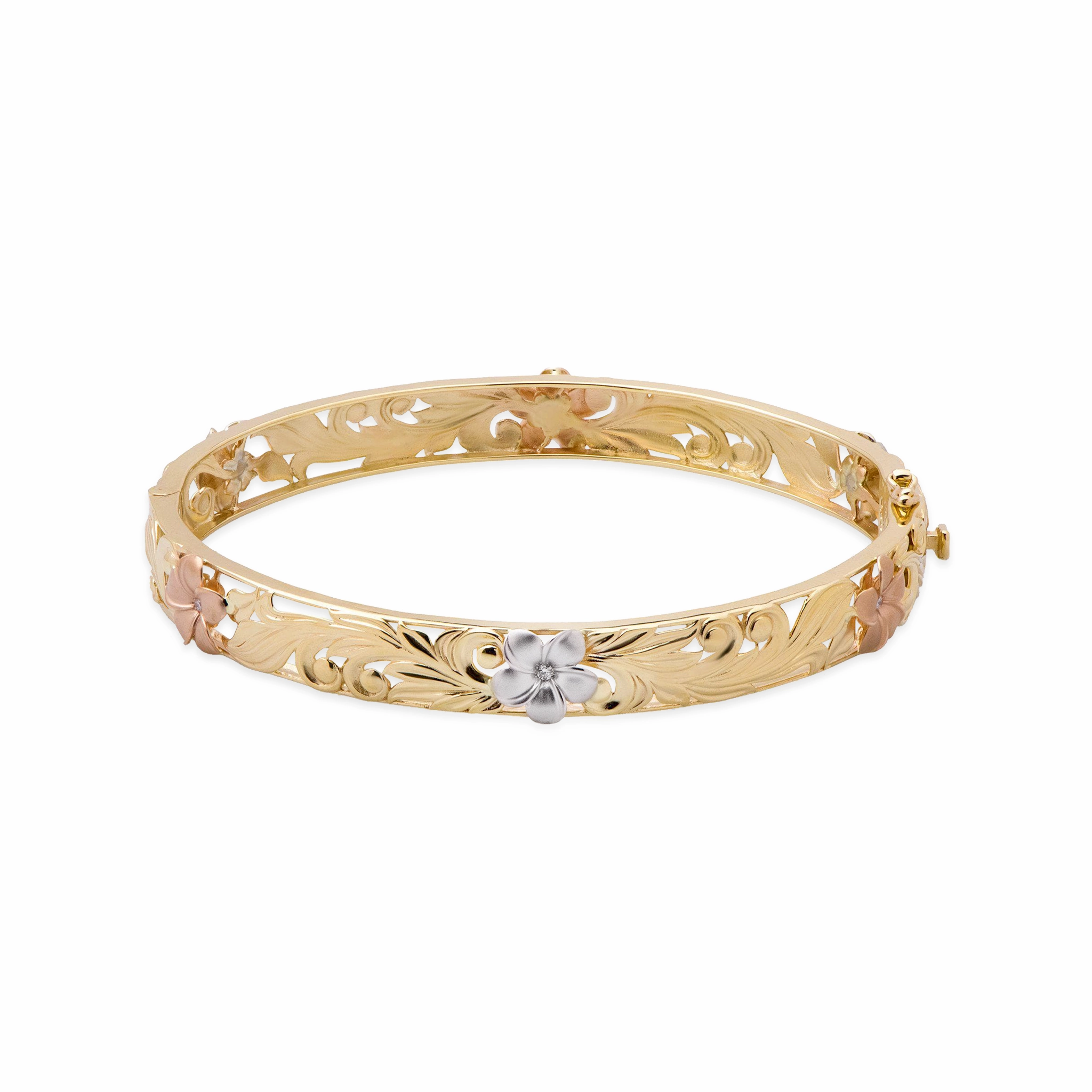 Hawaiian Heirloom Plumeria Hinge Bracelet in Tri Color Gold with Diamonds- 8mm Evening Mood