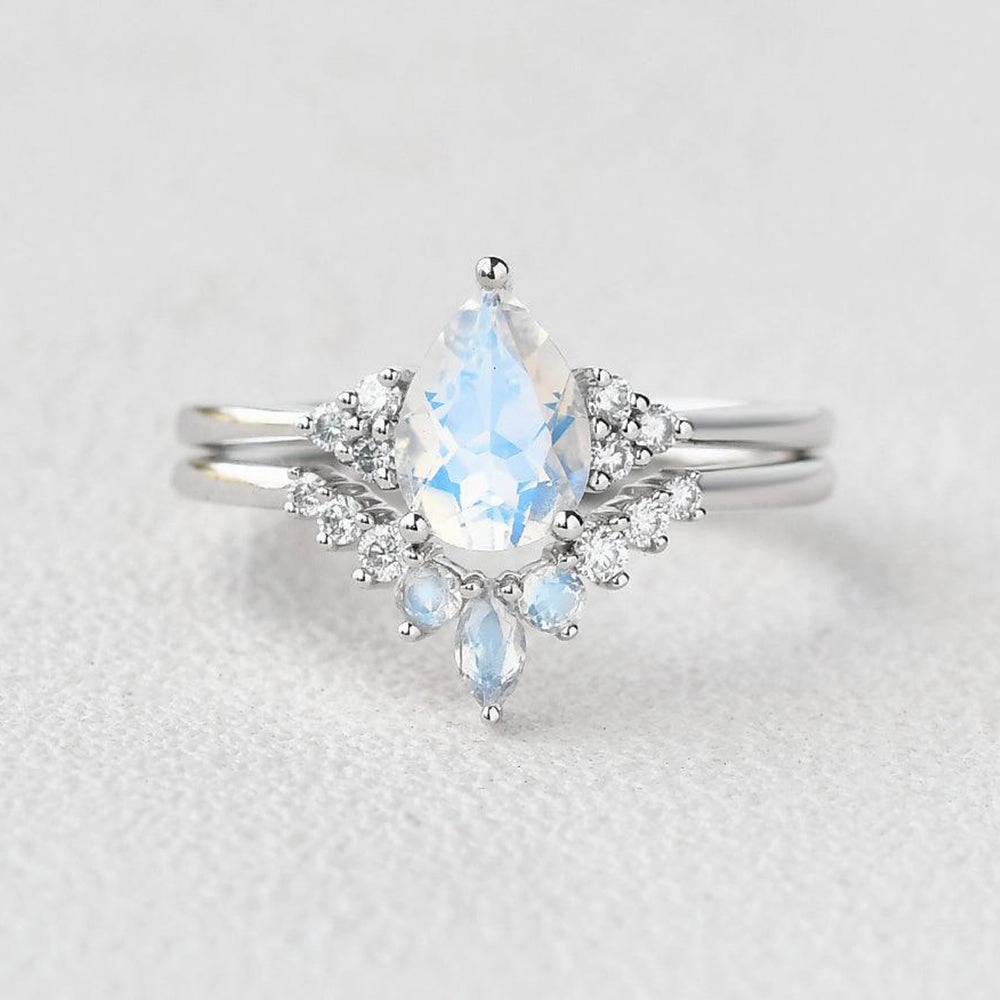 Lifestyle Match Pear Shaped Moonstone Vintage Inspired Ring Set 2pcs