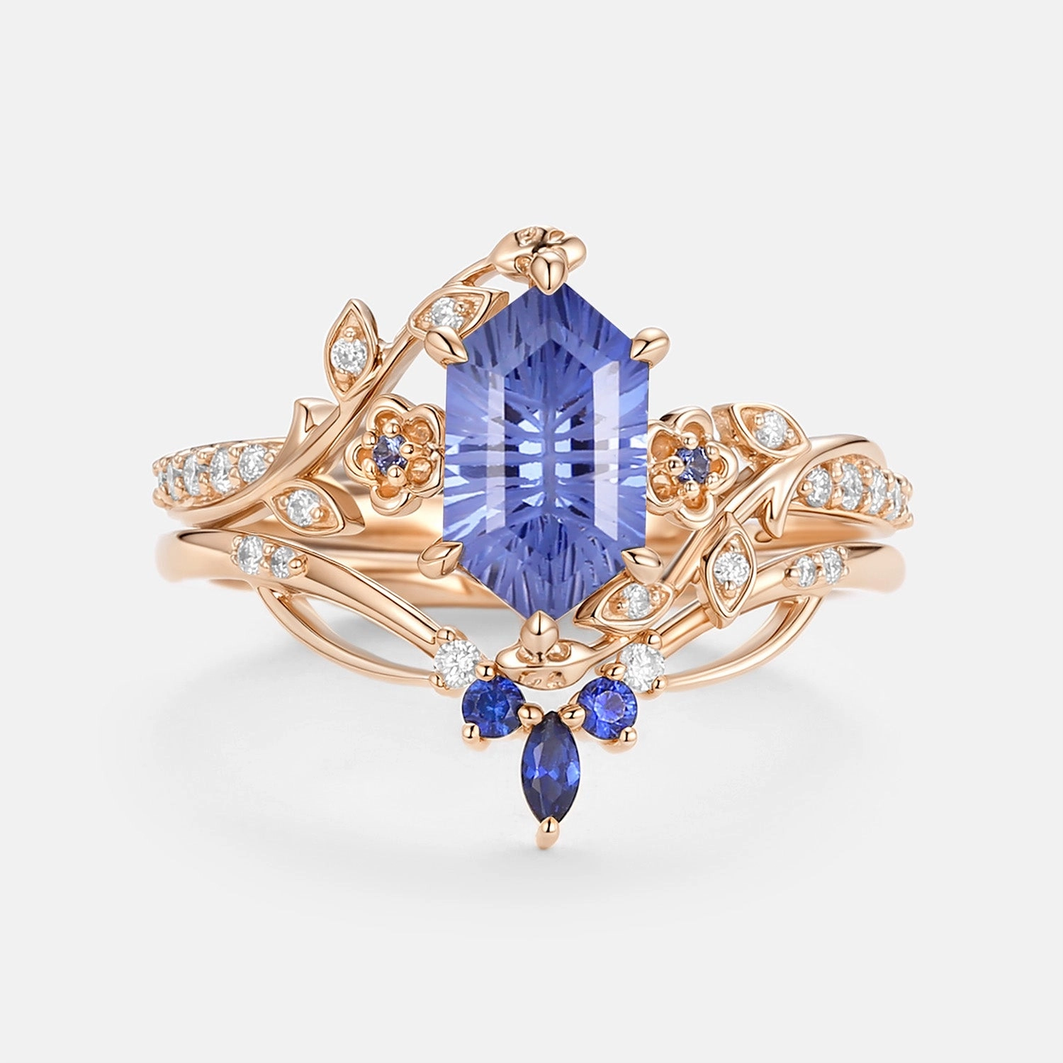 Luminous Edge Sun Kissed Fireworks Cut Lab Cornflower Sapphire Elongated Hexagon Engagement Ring Set - Zane