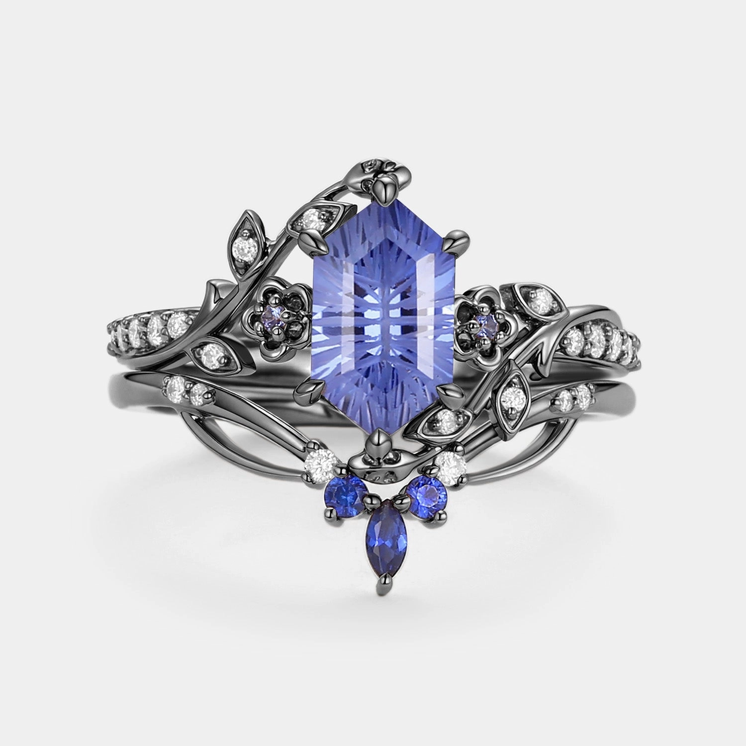 Gentle Finish Fashion Shine Fireworks Cut Lab Cornflower Sapphire Elongated Hexagon Engagement Ring Set - Zane