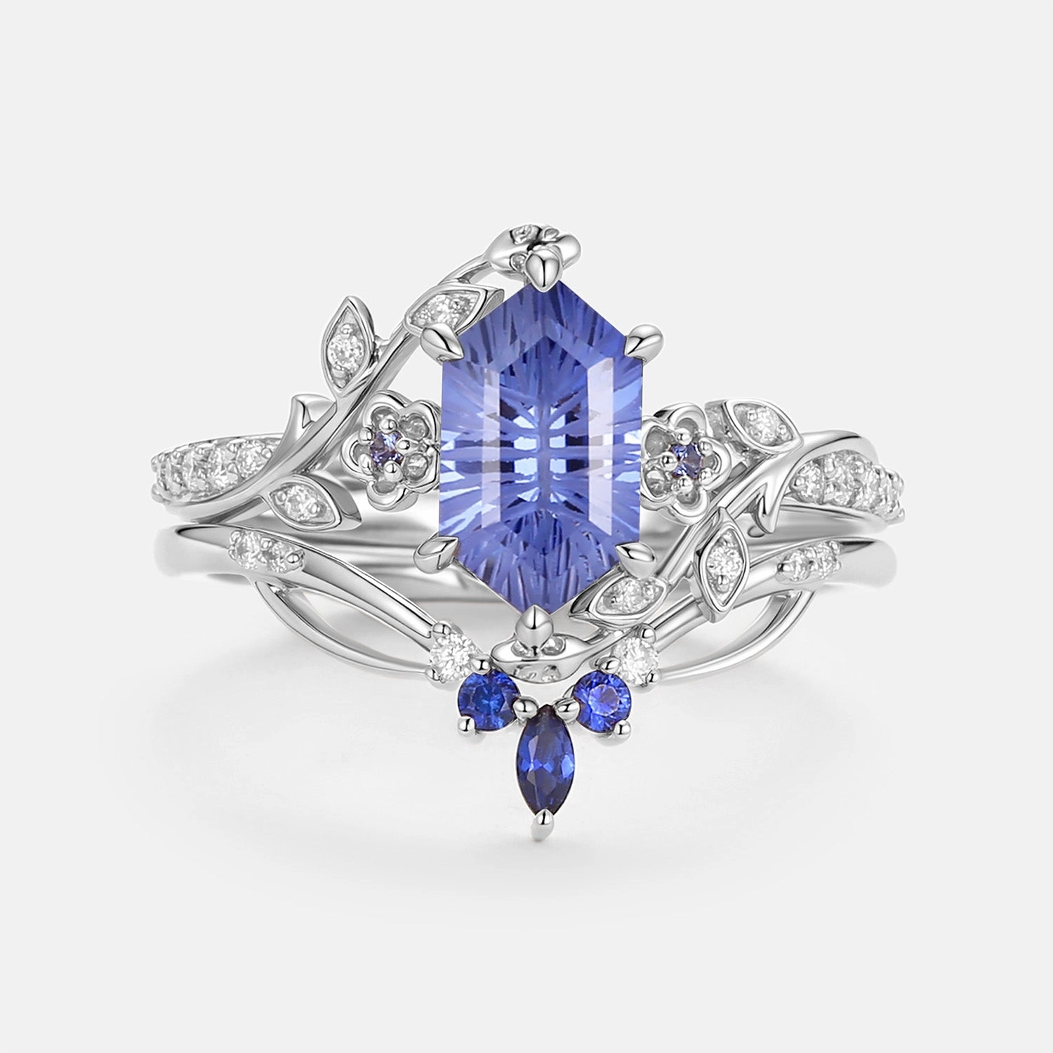 Minimal Spark Edgy Mood Fireworks Cut Lab Cornflower Sapphire Elongated Hexagon Engagement Ring Set - Zane
