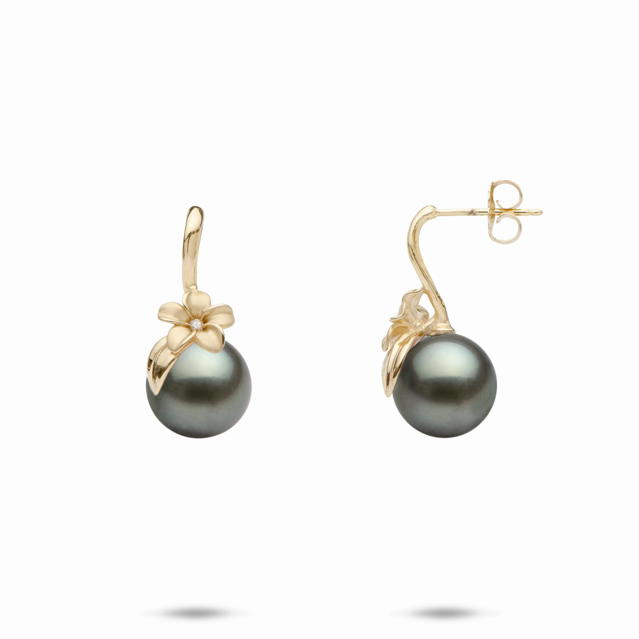 Plumeria Tahitian Black Pearl Earrings in Gold with Diamonds - 8-9mm Modern Finish