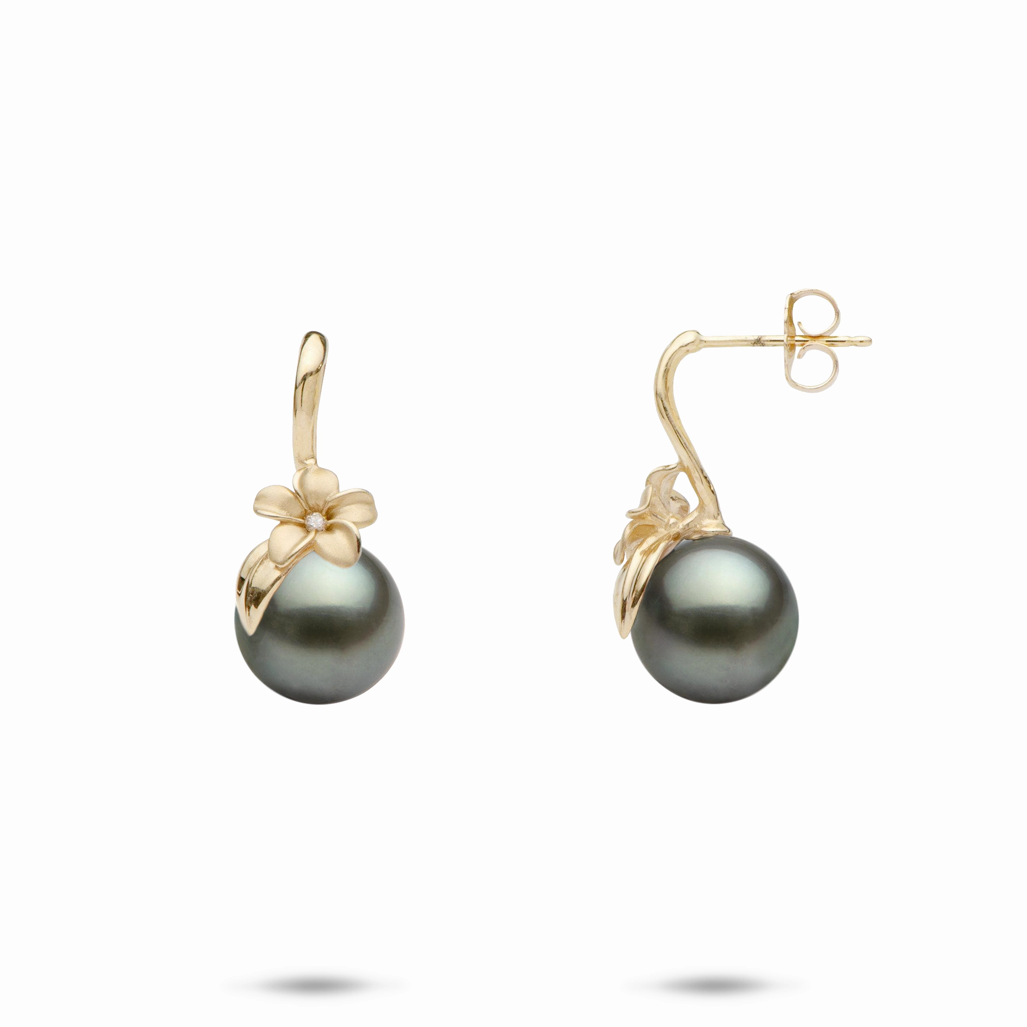 Office Wear Plumeria Tahitian Black Pearl Earrings in Gold with Diamonds - 8-9mm