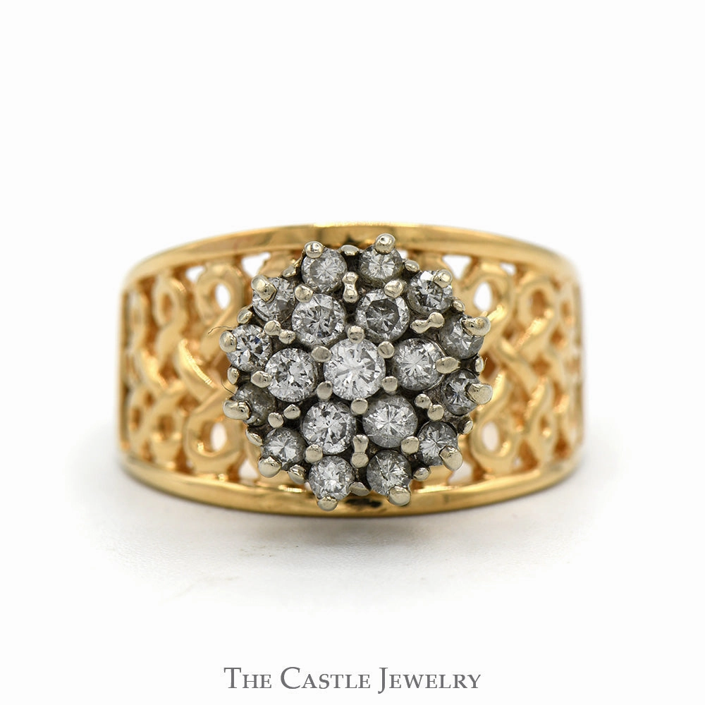 Round Shaped 3/4cttw Diamond Cluster Ring with Open Lattice Sides in 14k Yellow Gold Handcrafted Statement