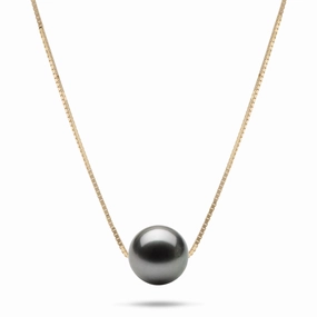 Polished Craft Engagement Accent 16-18" Adjustable Tahitian Black Pearl Necklace in Gold - 9-10mm