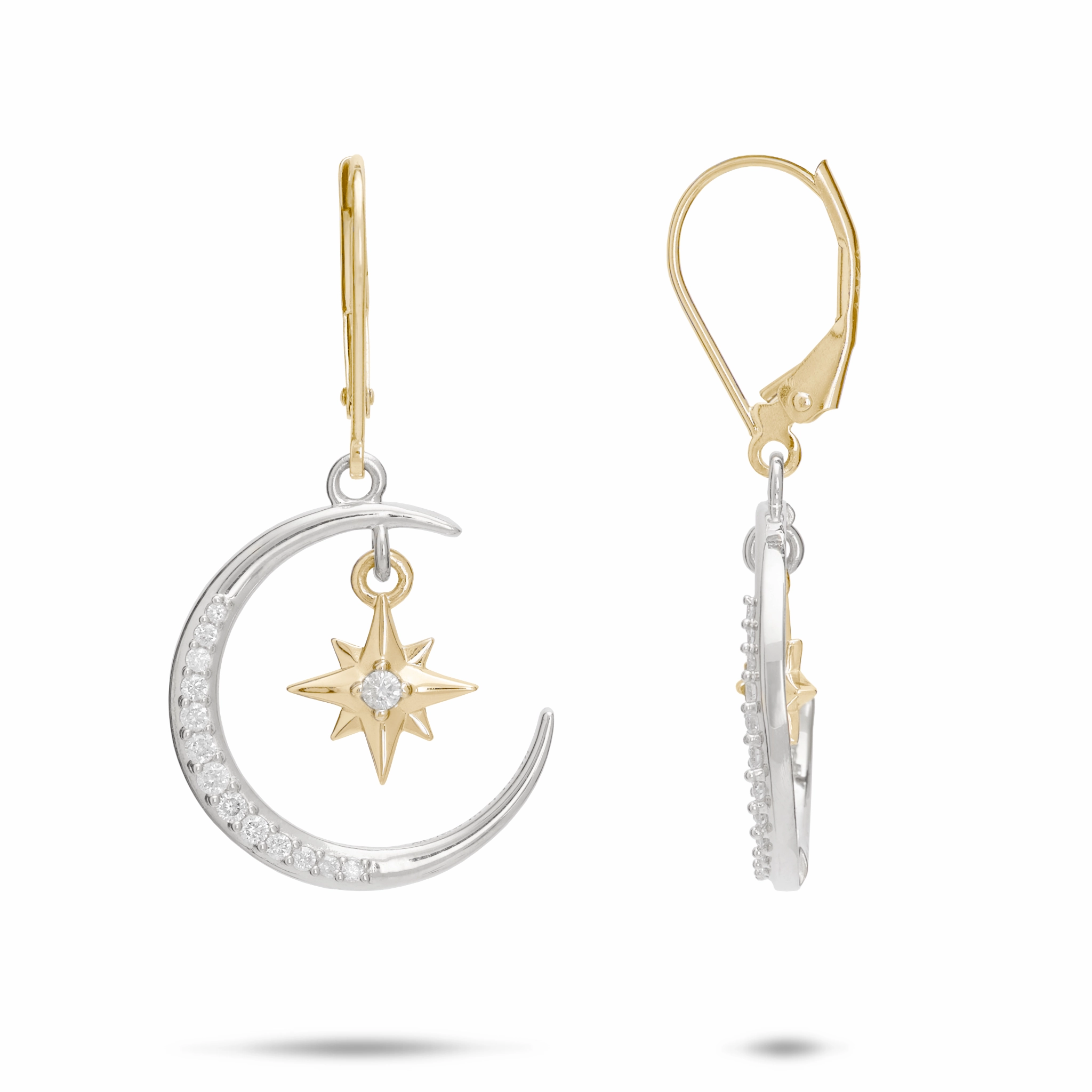 Moon & Star Mermaid Earrings in Two Tone Gold with Diamonds Silky texture