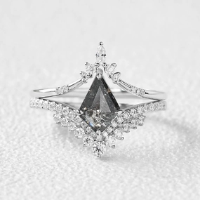 Bright Shine Curved Salt and Pepper Diamonds Engagement Ring Sets 2pcs