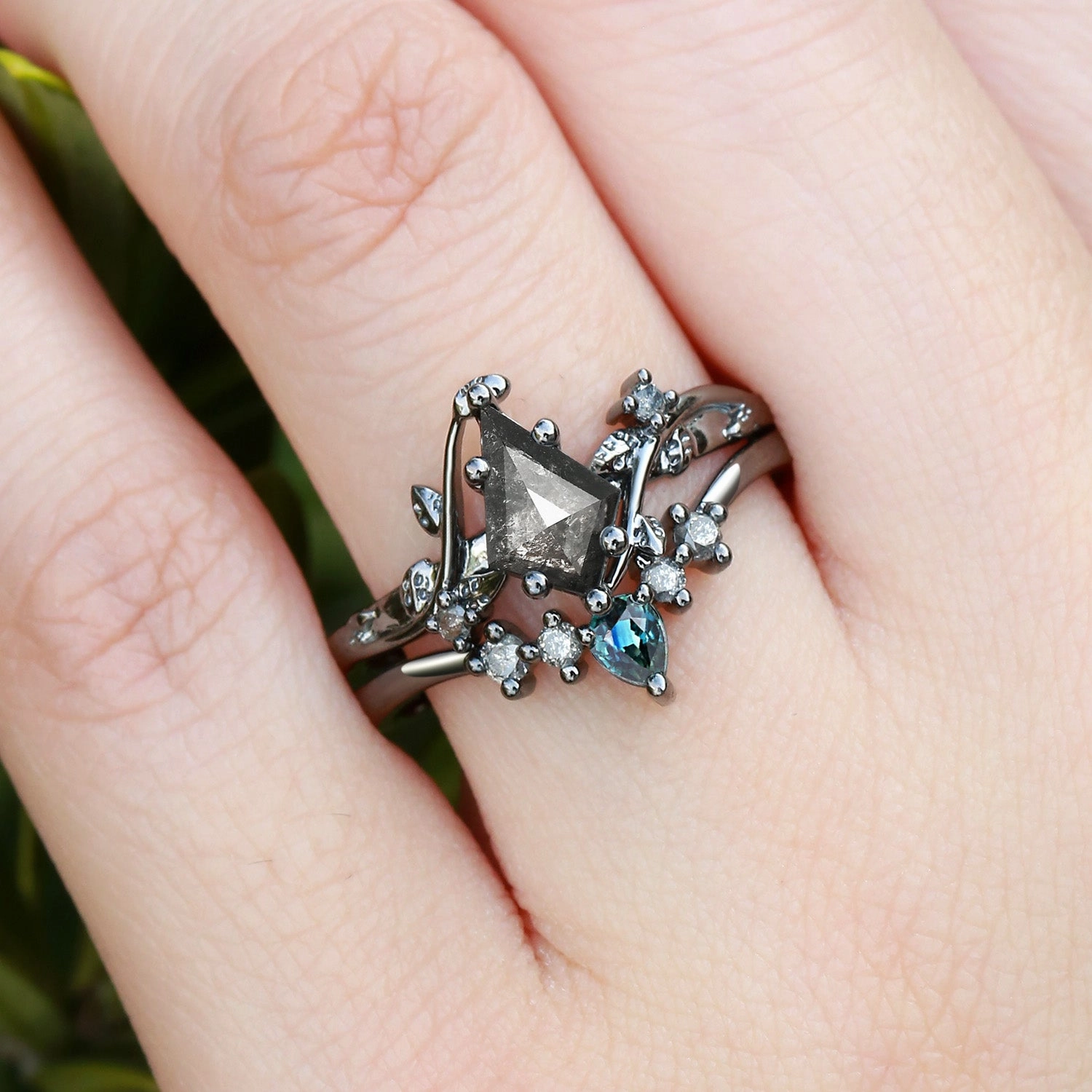 Kite & Pear Cut Salt and Pepper Diamonds Natural Leafy Engagement Ring Set 2pcs Artisan Edge Impeccable Accent