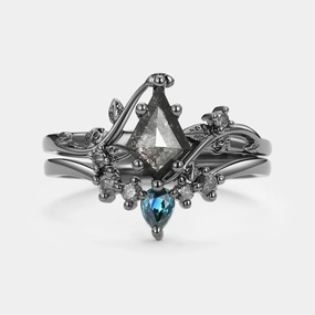 Kite & Pear Cut Salt and Pepper Diamonds Natural Leafy Engagement Ring Set 2pcs Weekend Accent