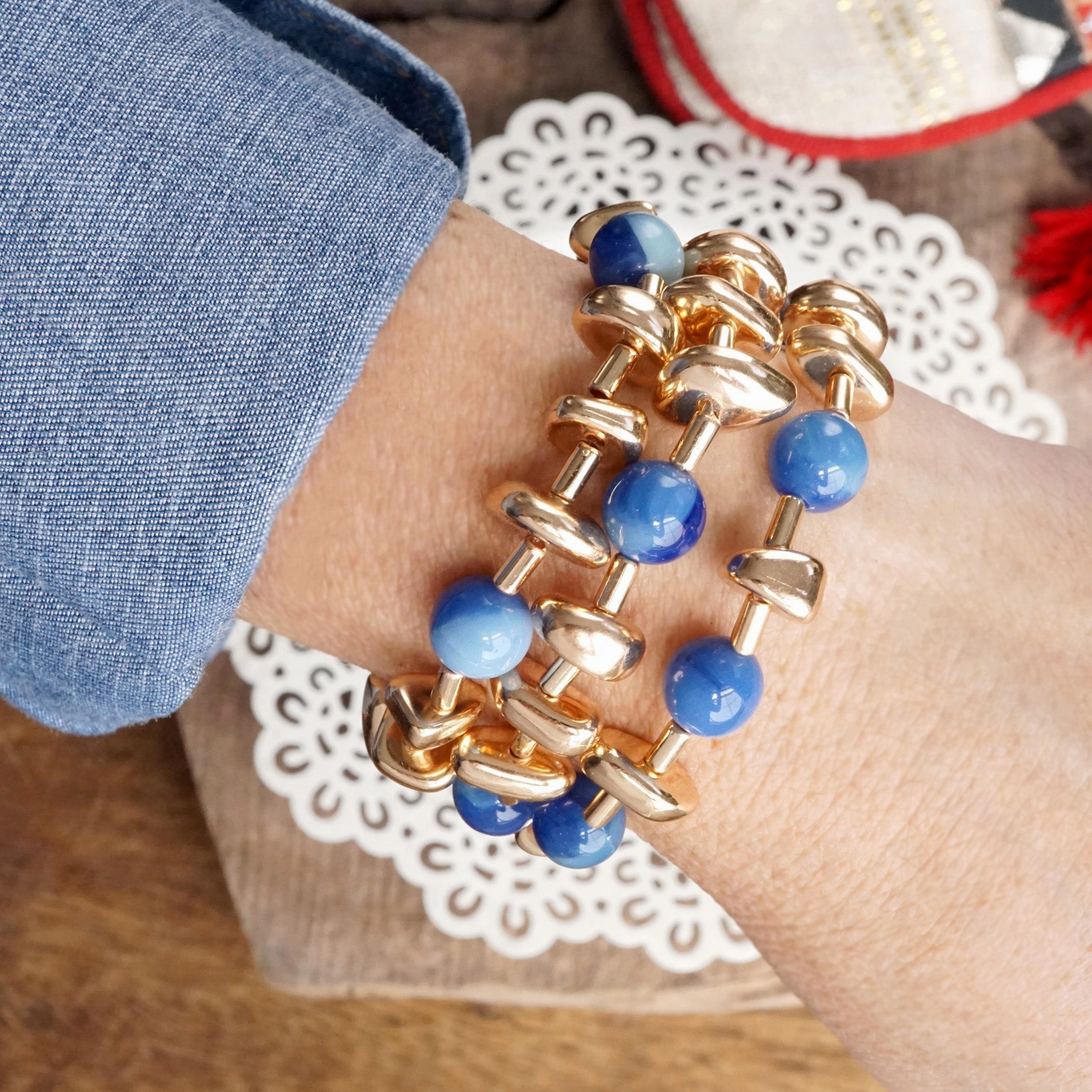 Shiny Nuggets and Glass Beads Statement Bracelet Set Gold Red Blue Green Anniversary Gift