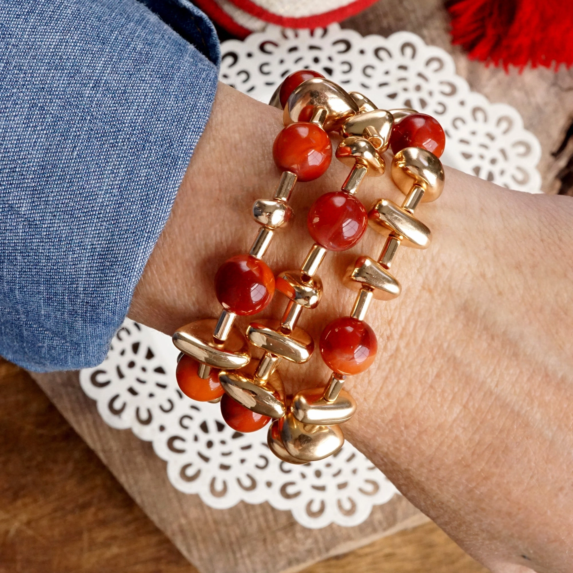 Shiny Nuggets and Glass Beads Statement Bracelet Set Gold Red Blue Green Ancestral Sight Influencer Favorite