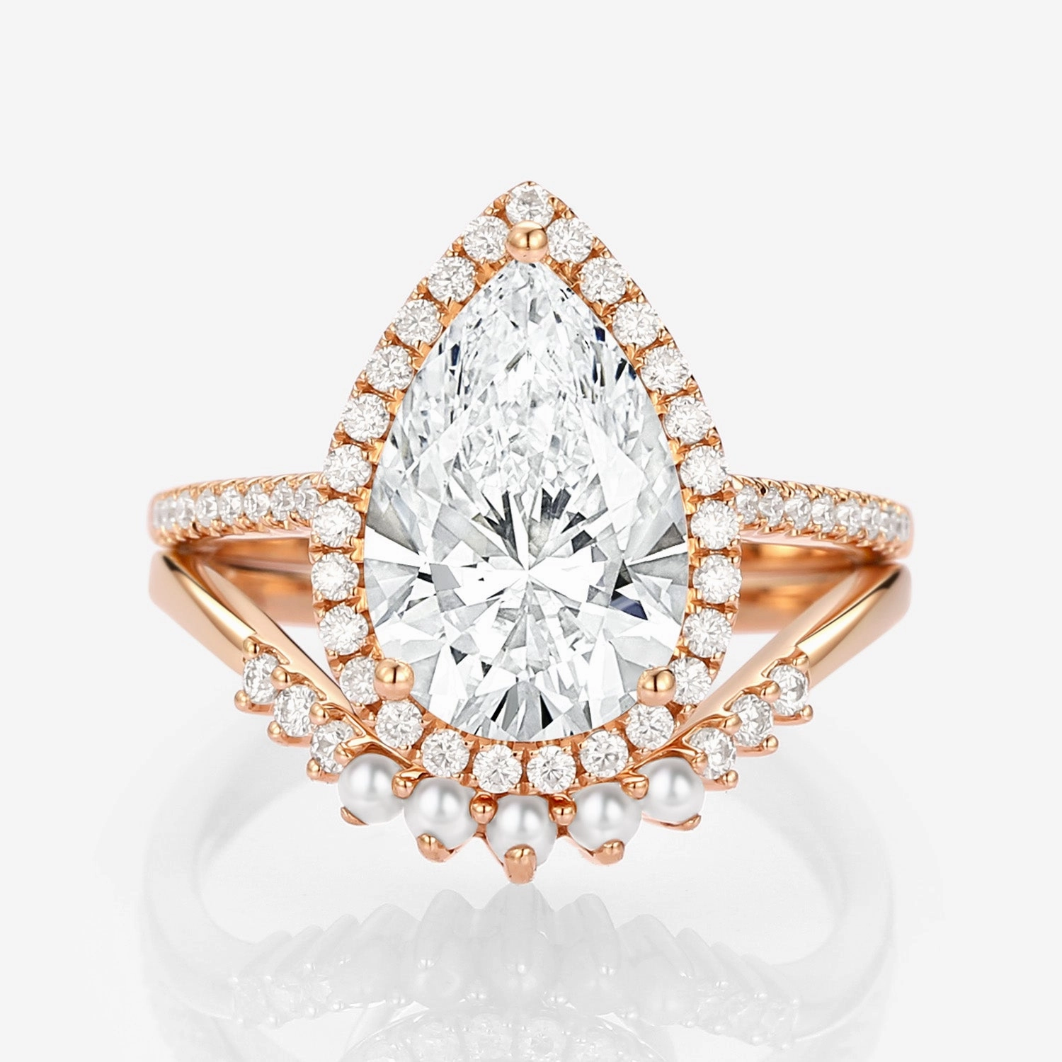 3.0ct Pear Shaped Lab Grown Diamond Pearl Gold Ring Set 2pcs Texture Play
