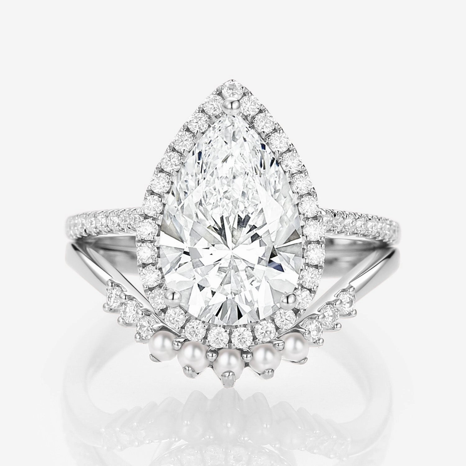 3.0ct Pear Shaped Lab Grown Diamond Pearl Gold Ring Set 2pcs Captivating Style Modern Aesthetic