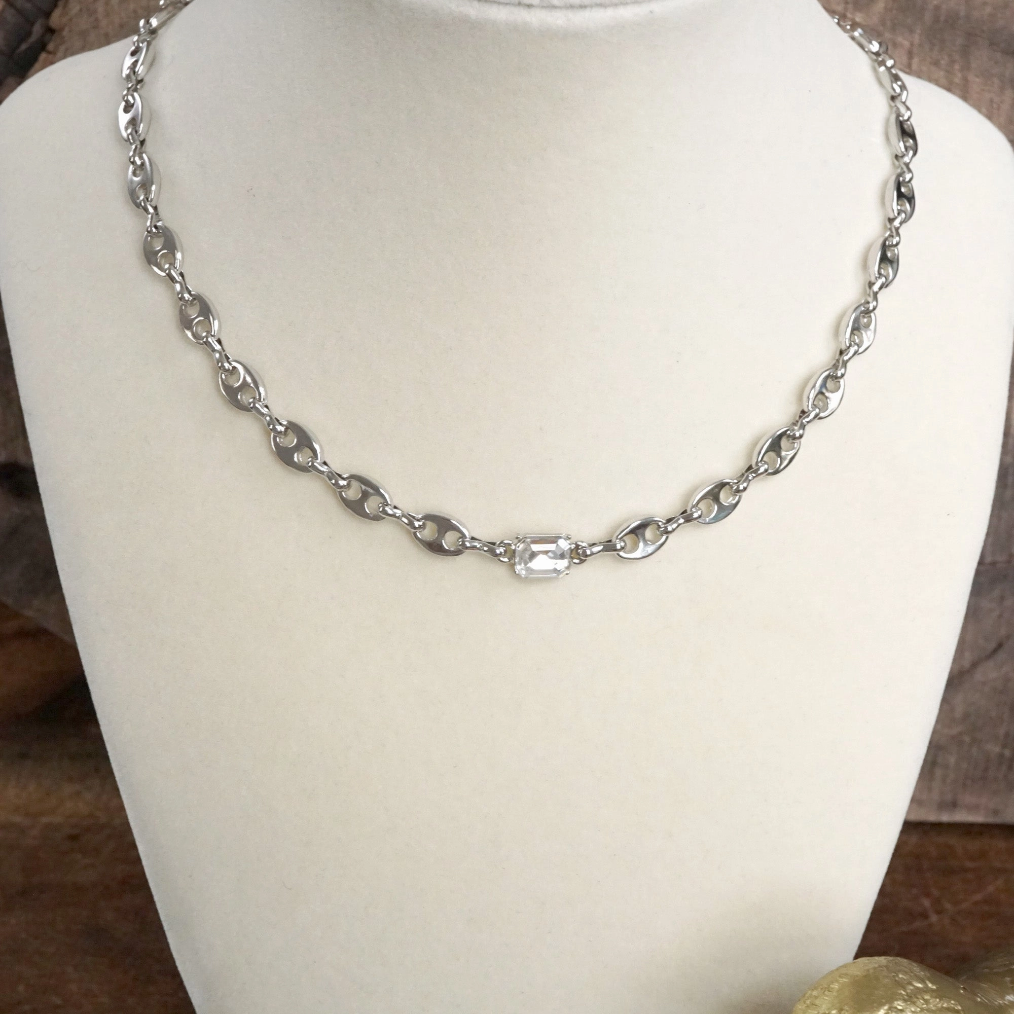 Short Anchor Chain Necklace with Emerald-Cut Crystal ?C Gold or Silver Bold Style
