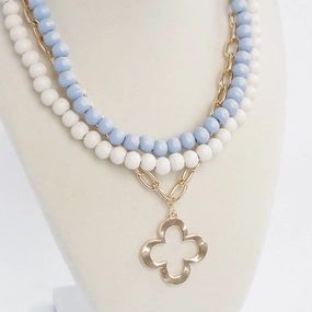 Romantic Detail Splendid Design Short Necklace Wooden Beads Clover paperclip chain - Blues