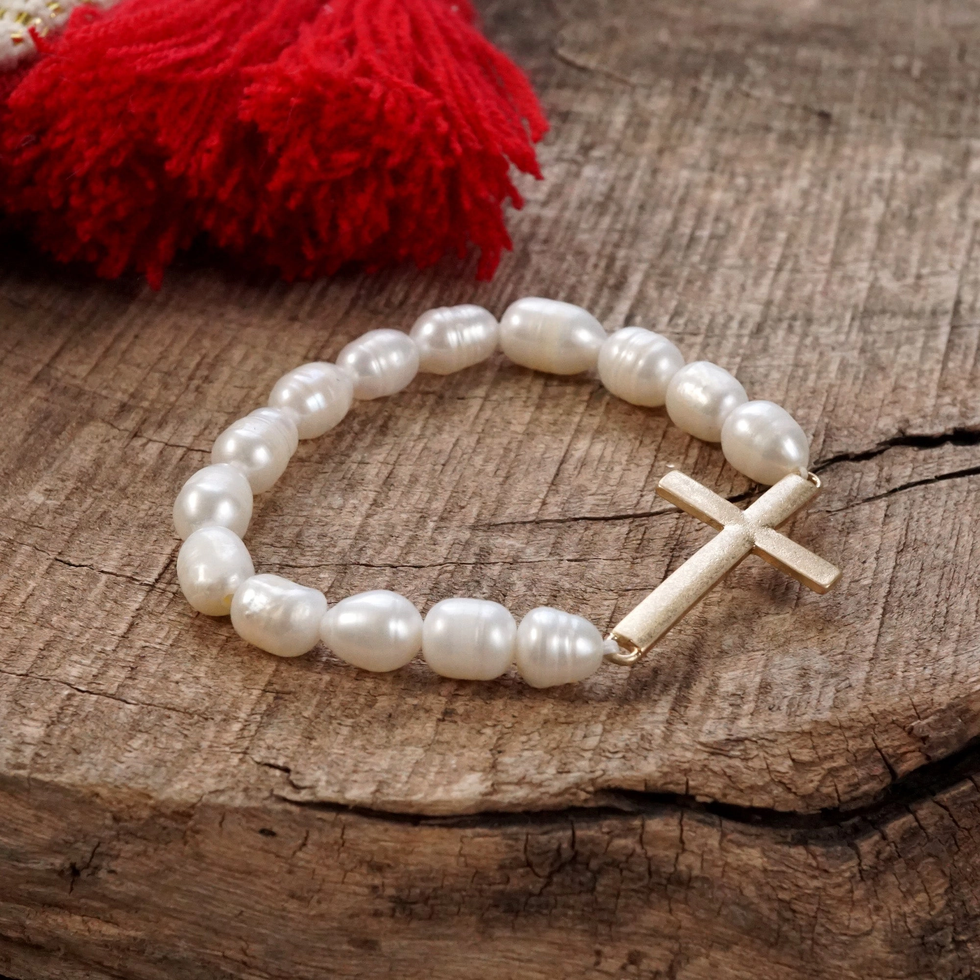 Rare Piece Sideways Cross bracelet Pearls worn gold tone minimal style