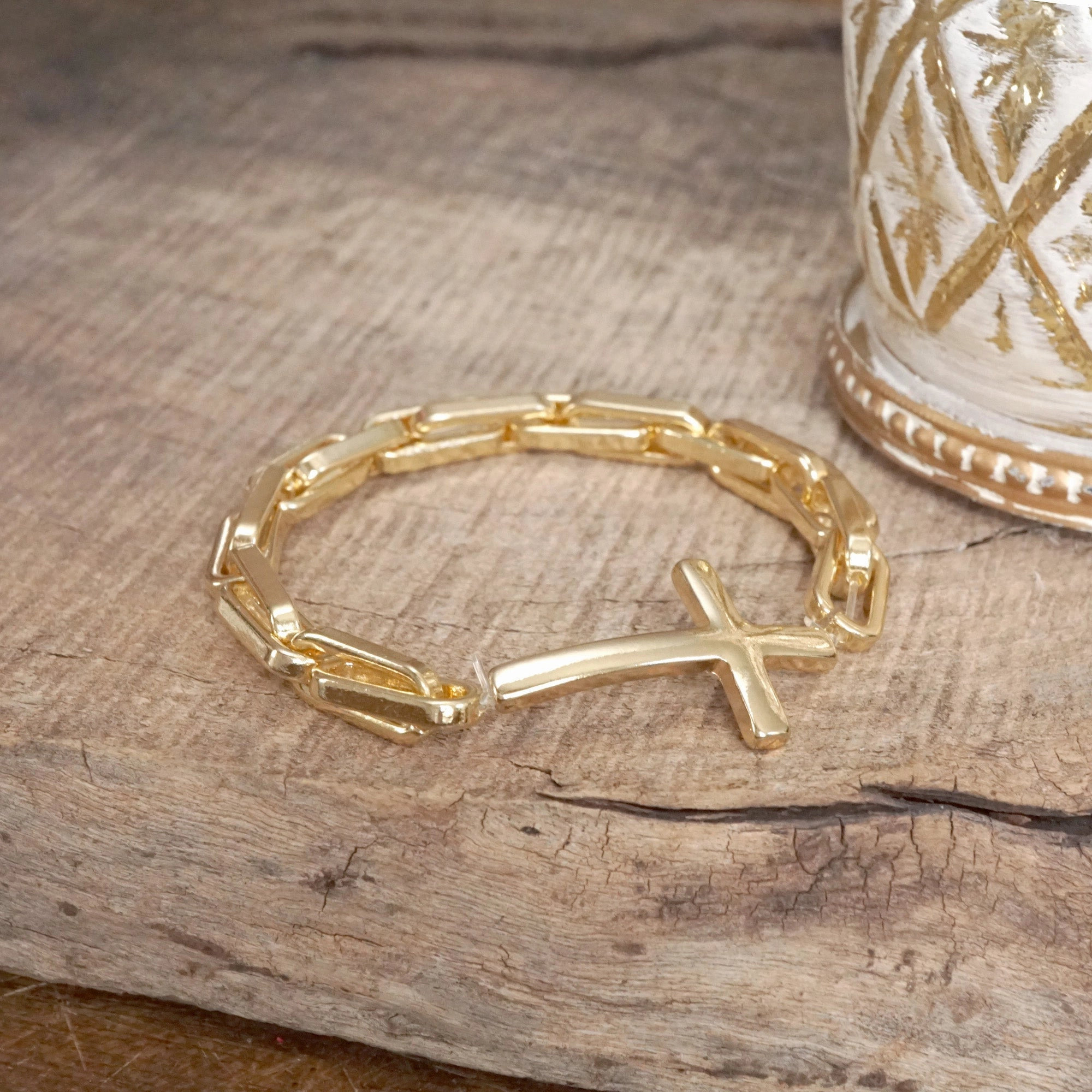 Future Vintage Sideways Cross Stretch Bracelet ?C Gold or Silver Tone