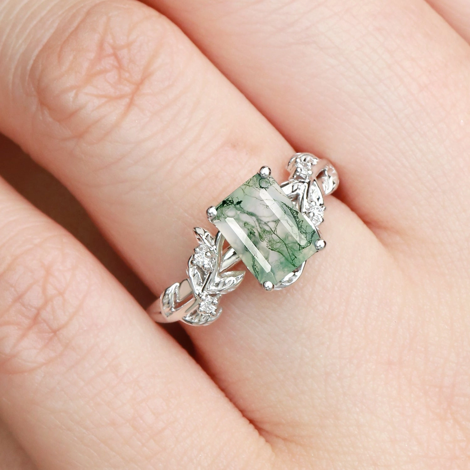Sleek Piece 1.5ct Emerald Cut Moss Agate Leafy Engagement Ring - Sheryl