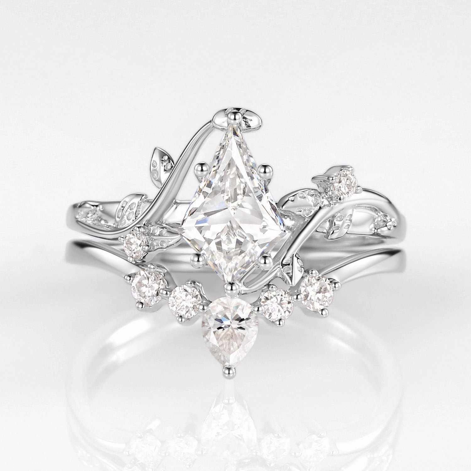 Special Accent Signature Style Nature Inspired - Unique Kite Cut Moss Agate Leafy Bridal Ring Sets 2pcs - Willow