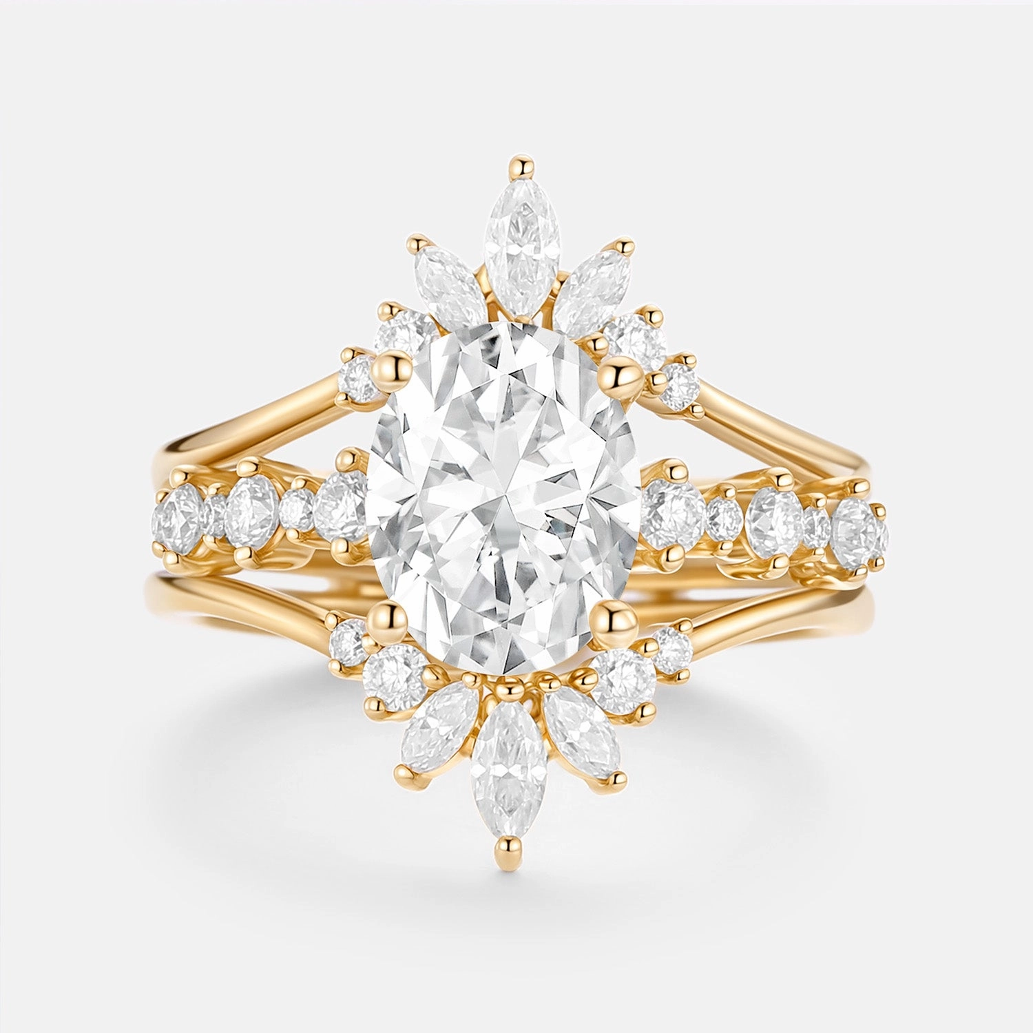 Oval Cut Lab Cornflower Sapphire Cluster Ring Set 3pcs Casual Design Soft Appeal