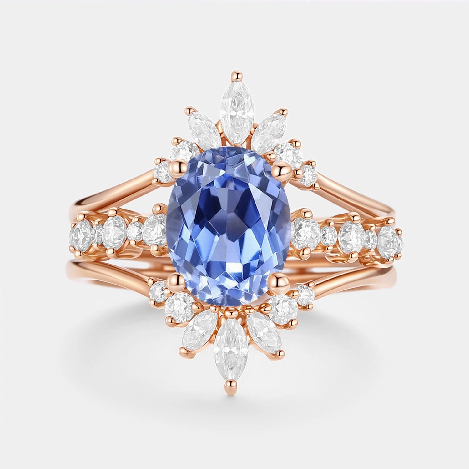 Soft Mood Oval Cut Lab Cornflower Sapphire Cluster Ring Set 3pcs