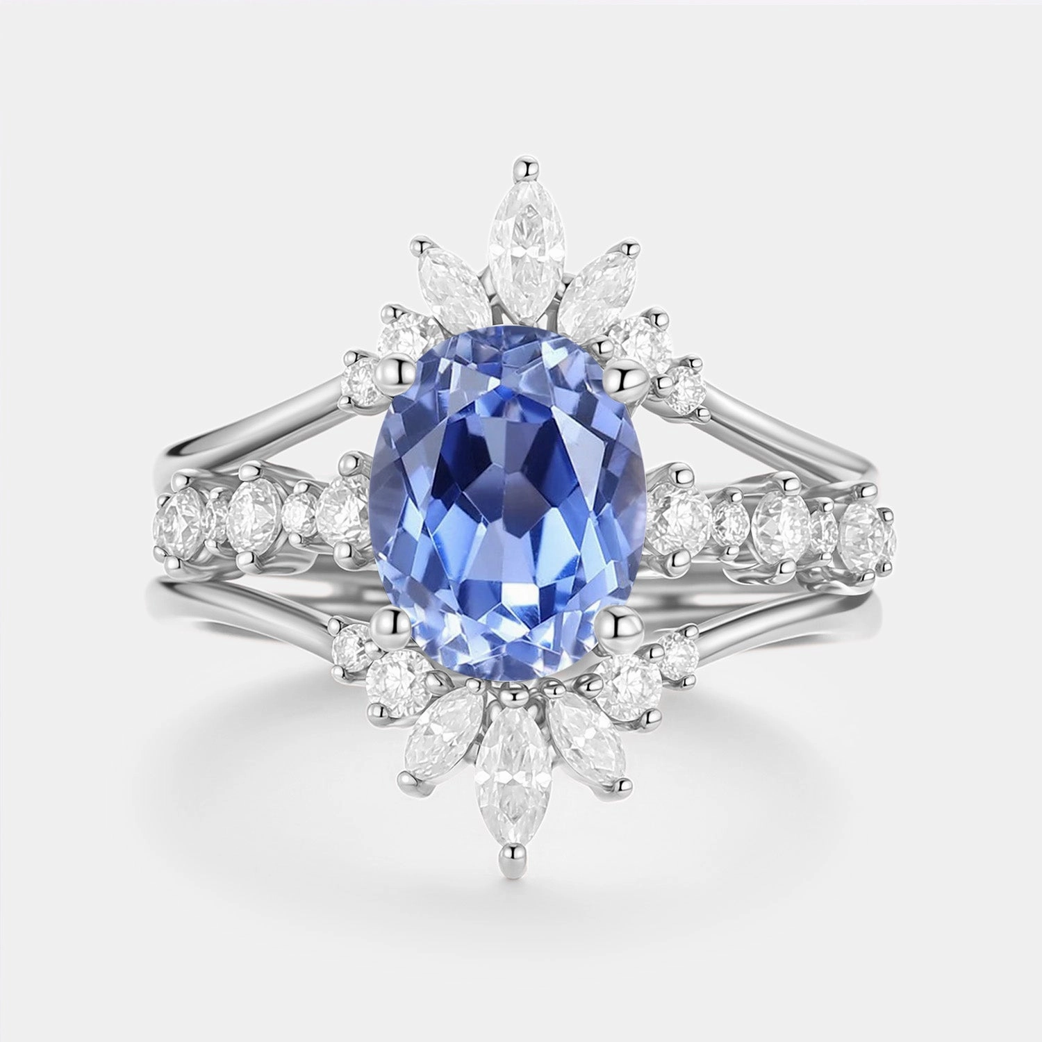 Oval Cut Lab Cornflower Sapphire Cluster Ring Set 3pcs Chic Gifts