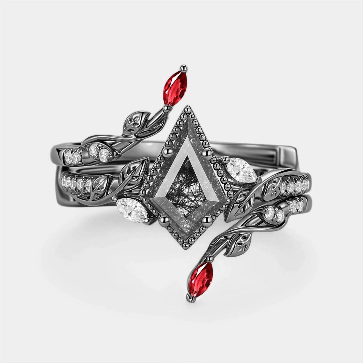 Leafy Vintage Kite Black Rutilated Quartz Cage Engagement Ring Set 2pcs - Breeze Shimmer Mood