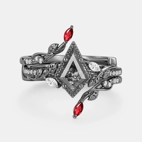 Elite Touch Glam fit Leafy Vintage Kite Black Rutilated Quartz Cage Engagement Ring Set 2pcs - Breeze