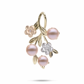 Subtle Highlight Luxury Edge Pearls in Bloom Plumeria Lavender Freshwater Pearl Pendant in Tri Color Gold with Diamonds - 36mm