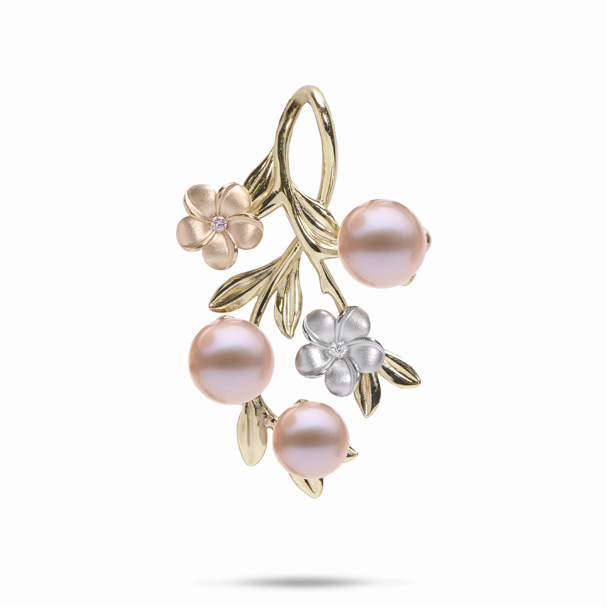 Subtle Highlight Luxury Edge Pearls in Bloom Plumeria Lavender Freshwater Pearl Pendant in Tri Color Gold with Diamonds - 36mm
