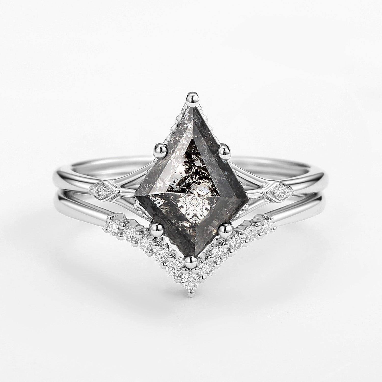 Delicate Craft Date Style Salt and Pepper Diamonds Solid Gold Engagement Ring Set 2pcs