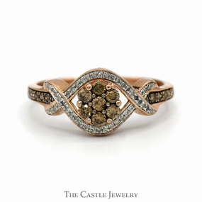 Lightweight Package Cocoa Diamond Cluster Ring with White Diamond Accented Interweaving 10k Rose Gold Setting