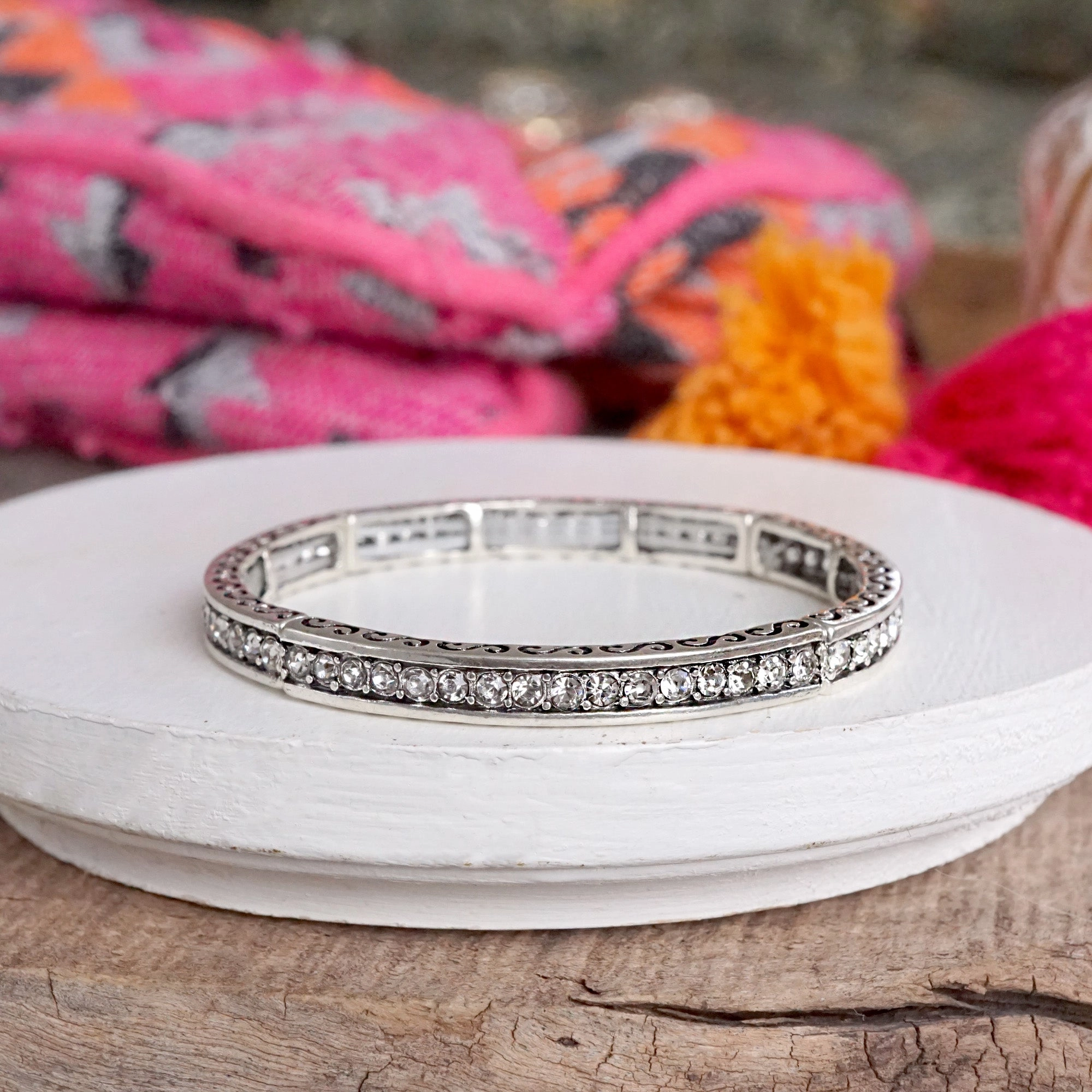 Western Vibes Timeless Layering Stretchy Bangles ?C Silver Tone & Crystals Handmade Tale