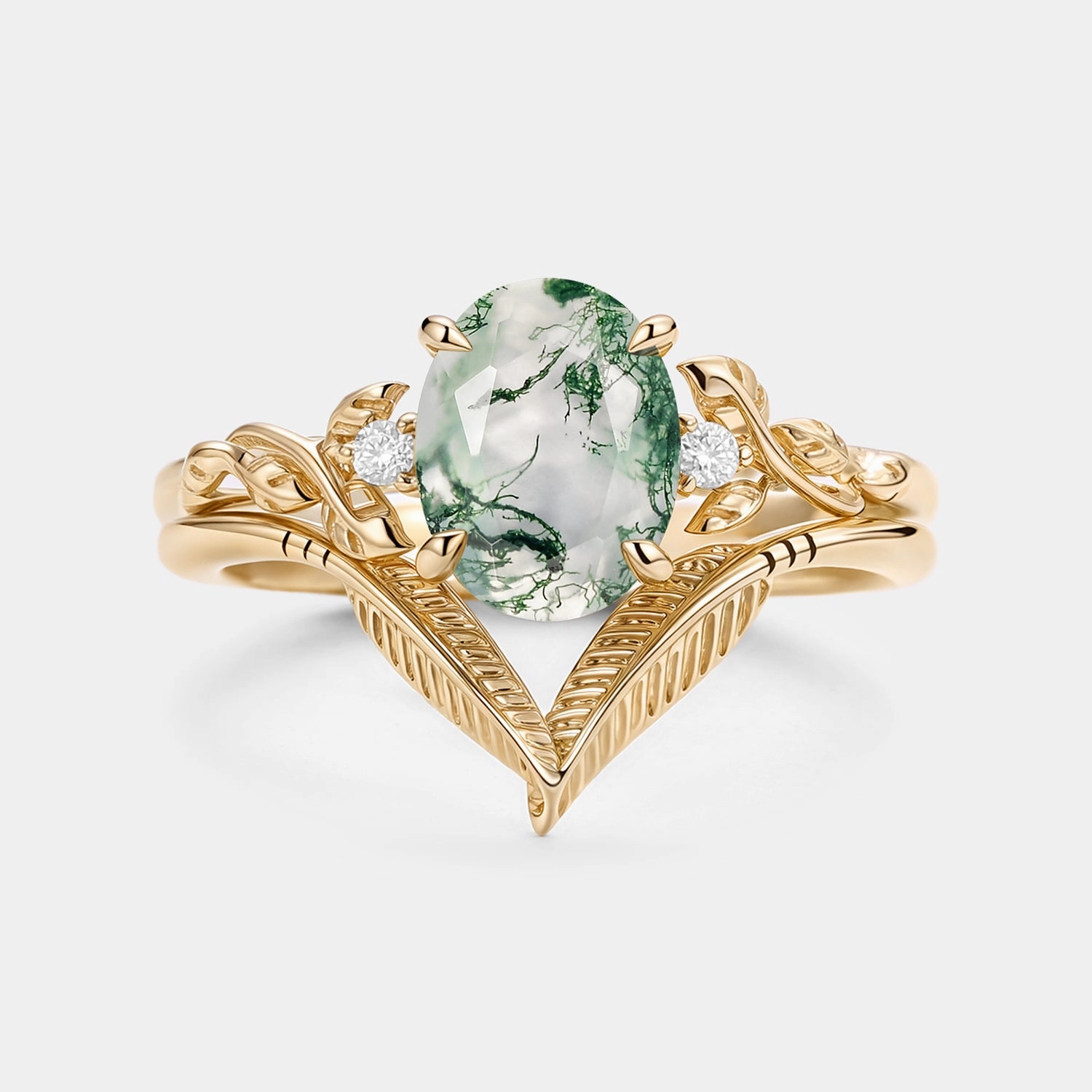 Oval Cut Moss Agate Leafy Gold Ring Set 2pcs - Juniper Refined Lines Vibrant Feel