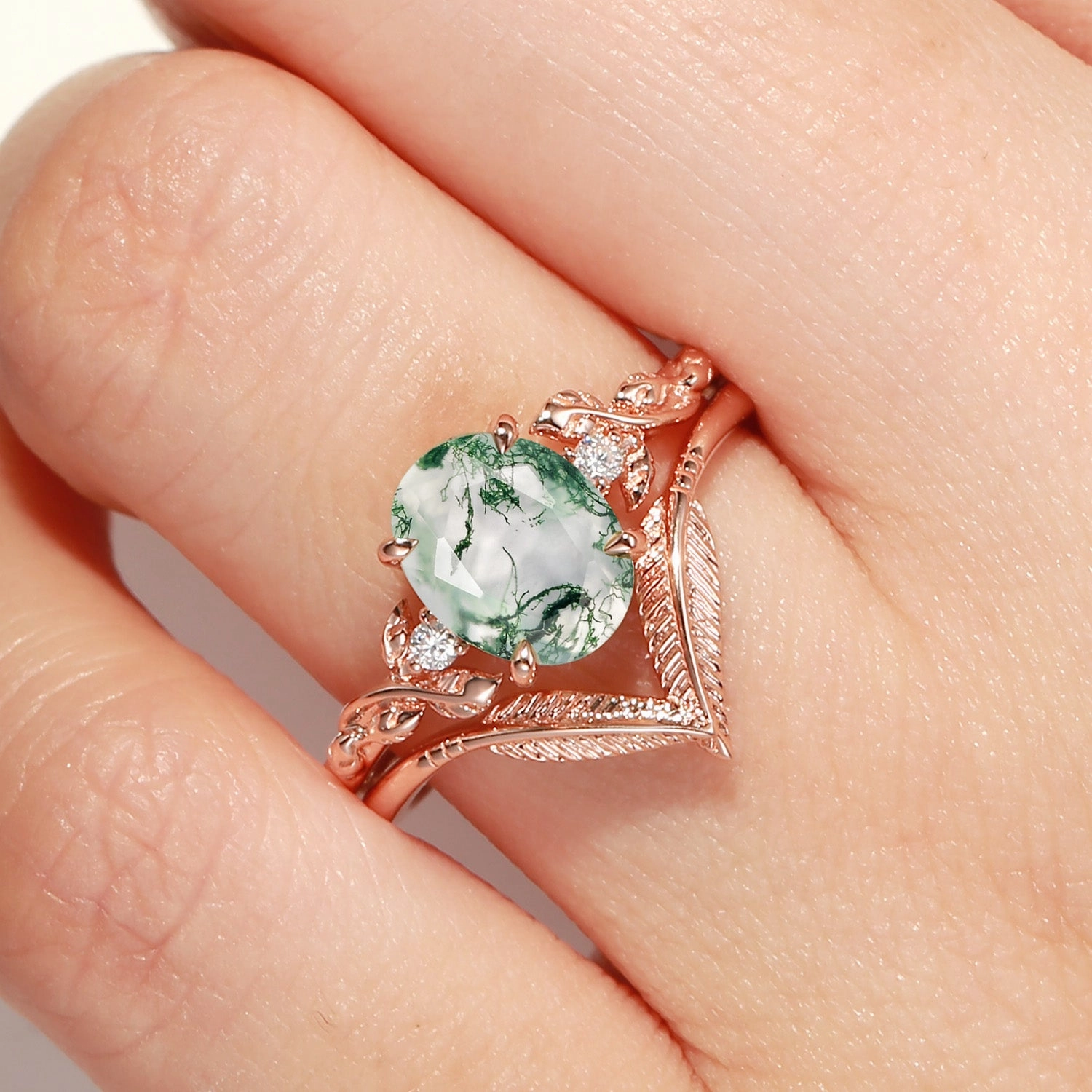 Oval Cut Moss Agate Leafy Gold Ring Set 2pcs - Juniper Sunset Style Understated Fit