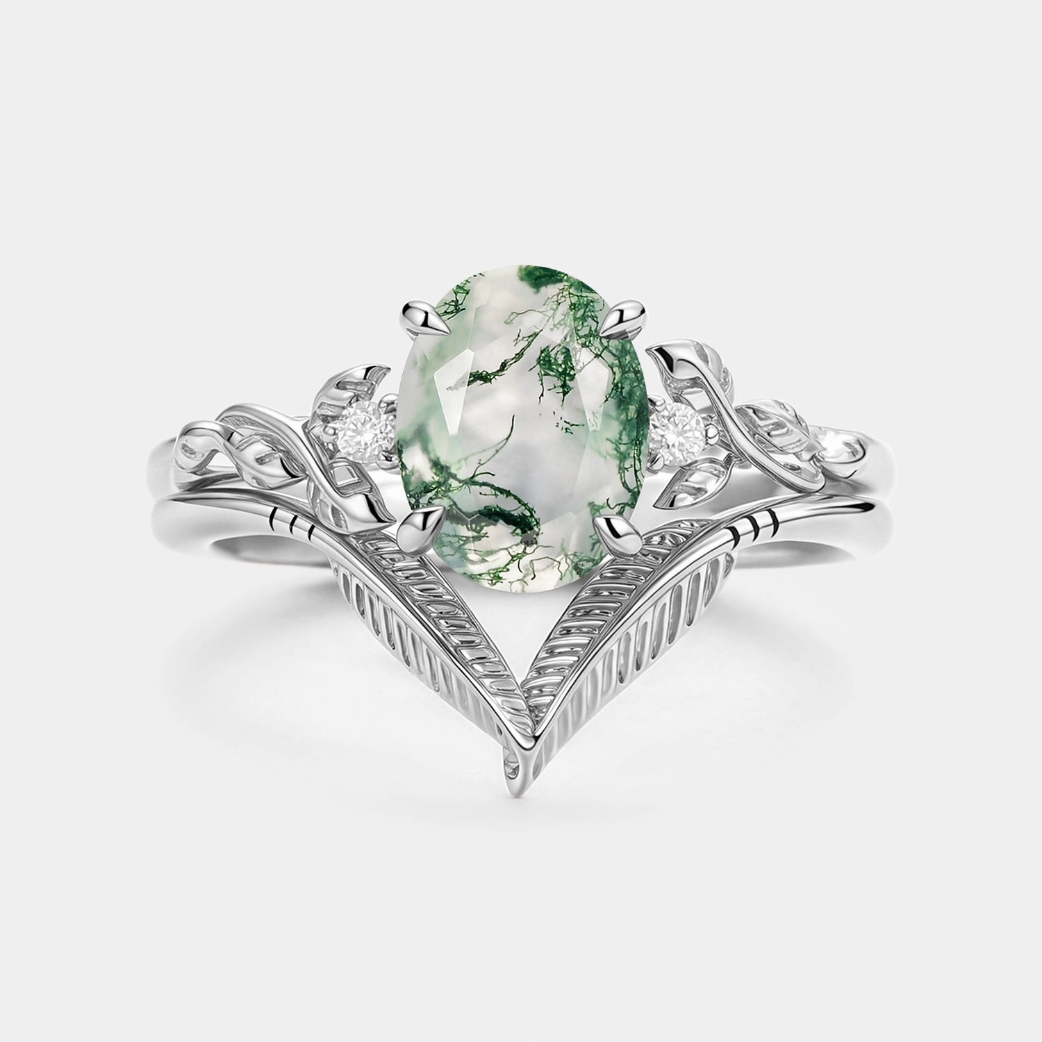 Everyday Glow Oval Cut Moss Agate Leafy Gold Ring Set 2pcs - Juniper