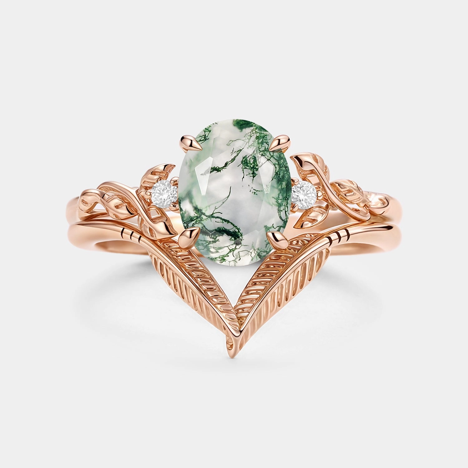 Oval Cut Moss Agate Leafy Gold Ring Set 2pcs - Juniper Gift Moment