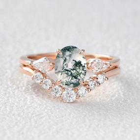 Oval Moss Agate Three Stone Twinning Kites Engagement Ring Set 2pcs Charming Glow