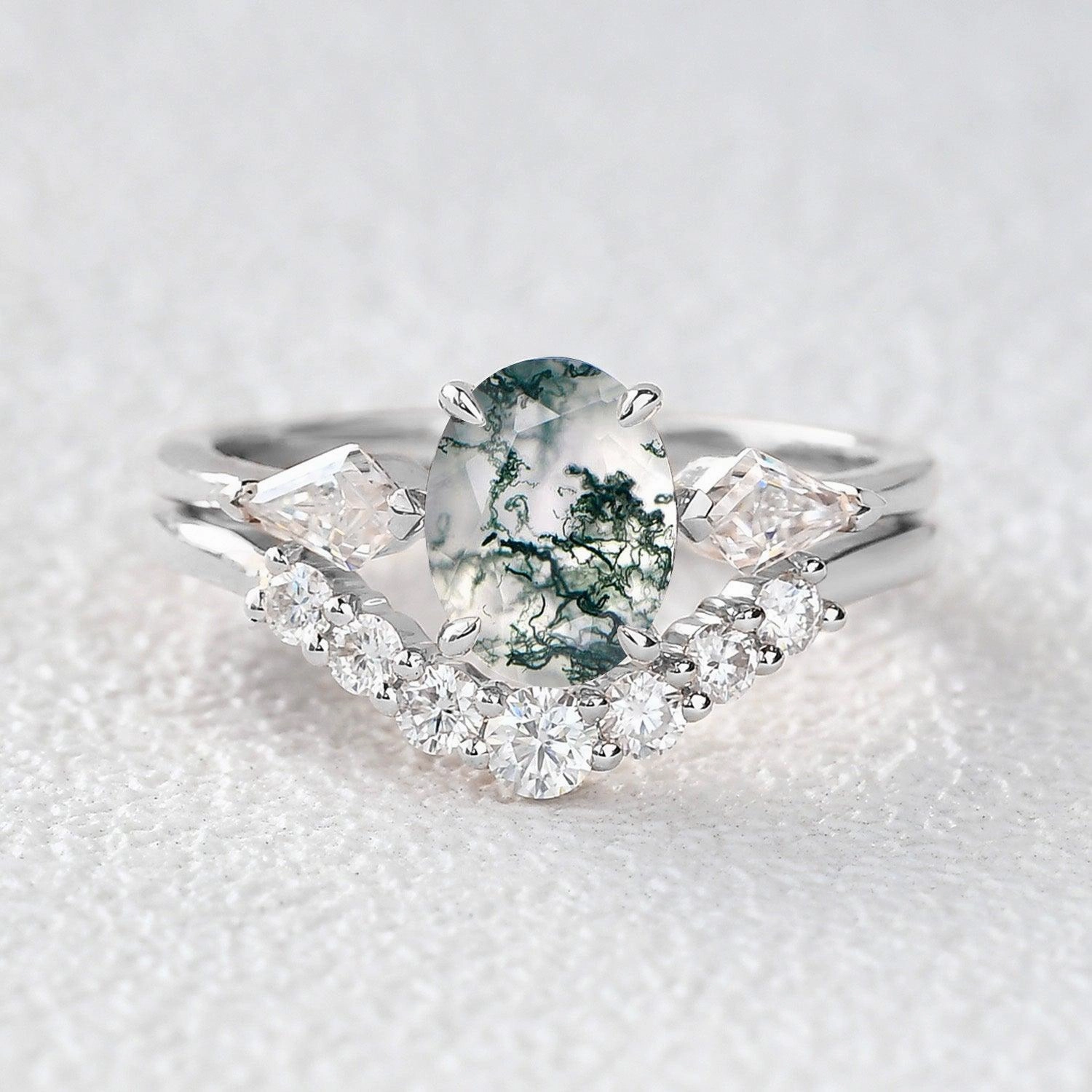Oval Moss Agate Three Stone Twinning Kites Engagement Ring Set 2pcs Minimalist Piece