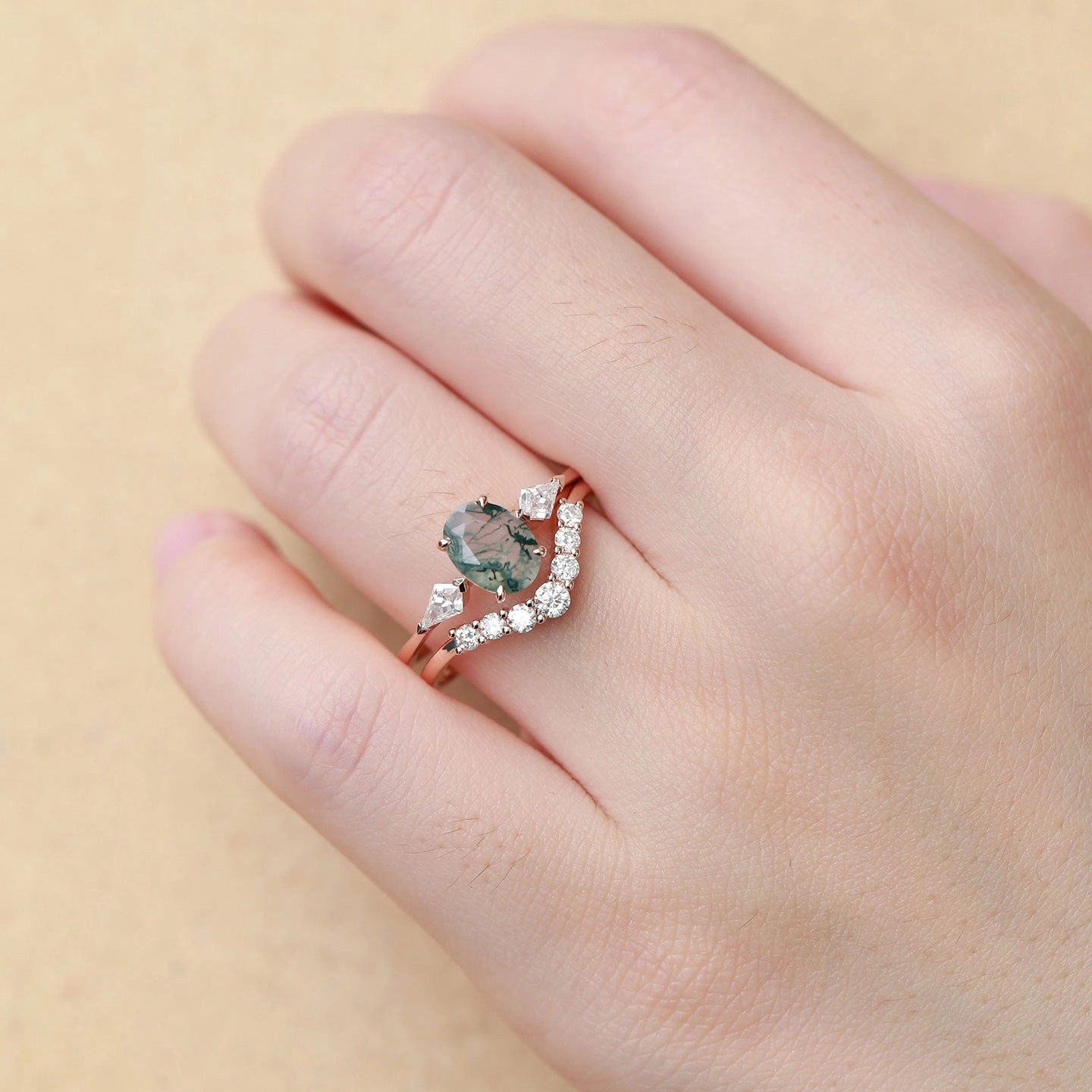 Effortless Look Perfect Layer Oval Moss Agate Three Stone Twinning Kites Engagement Ring Set 2pcs