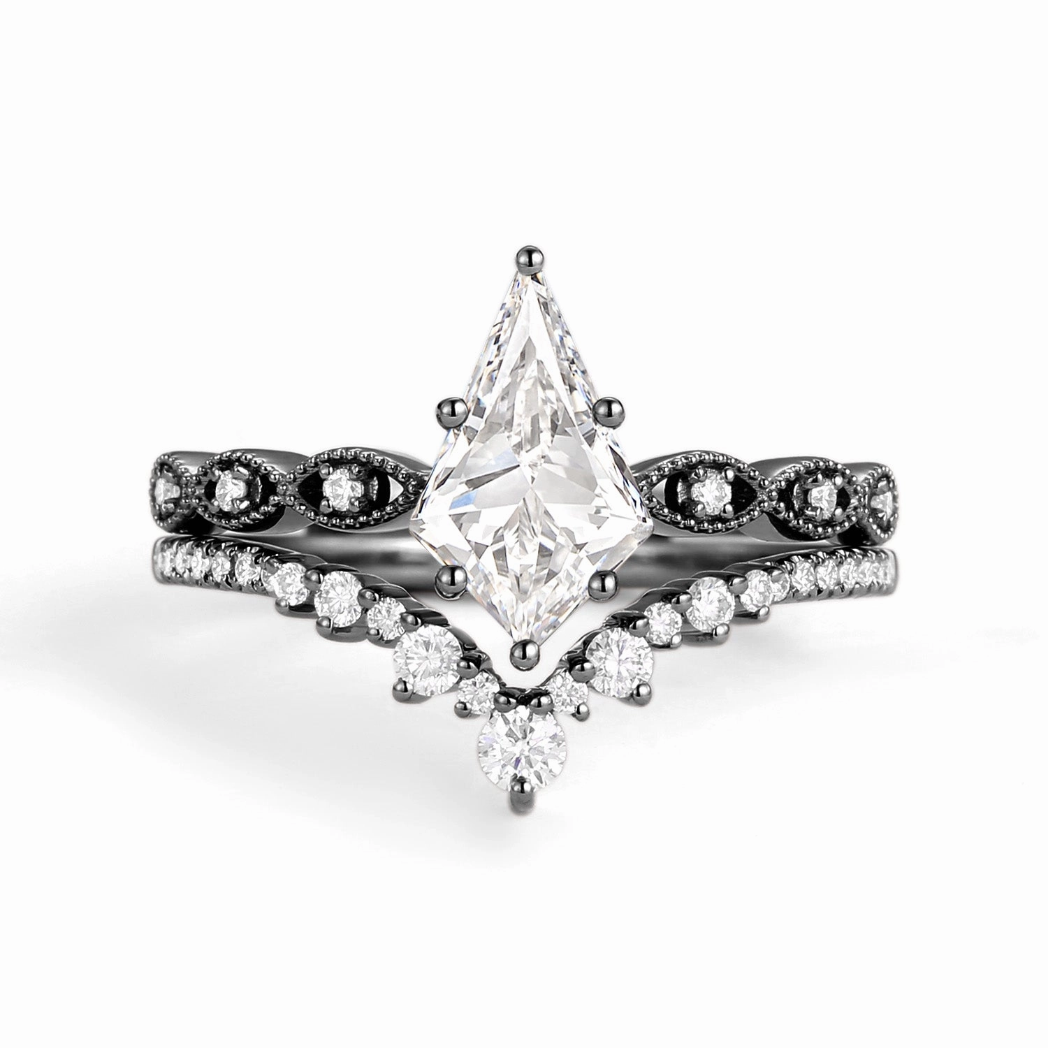 Signature Vintage - 2.0ct Vintage Kite Cut Engagement Ring Set 2pcs - Winona Versatile Accent Shiny Style