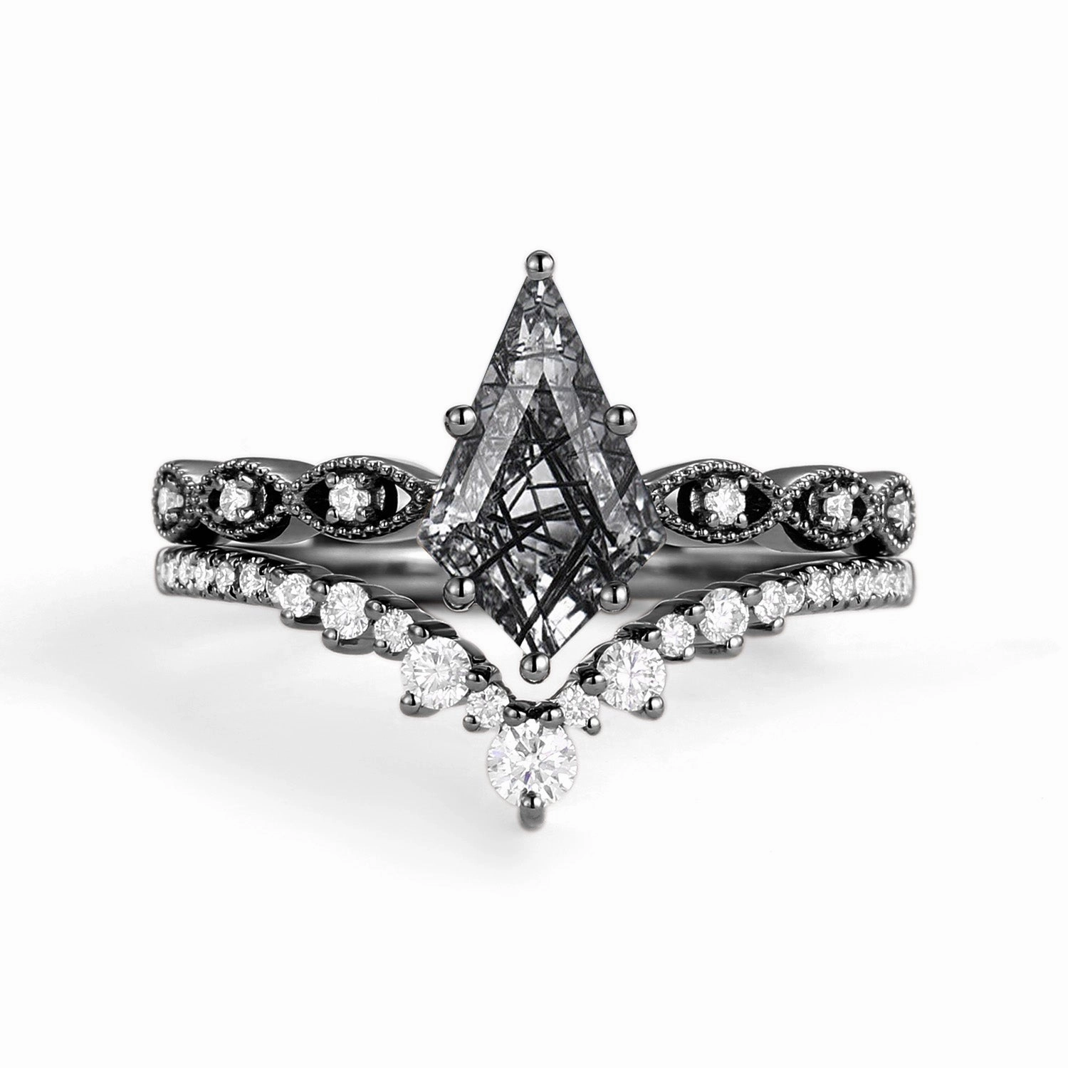 Dazzling Finish Sparkling Craftwork Signature Vintage - 2.0ct Vintage Kite Cut Engagement Ring Set 2pcs - Winona